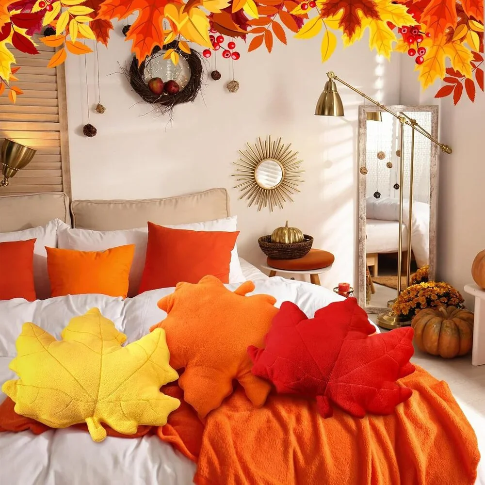3 Pcs Fall‎ Maple Leaf Pillow - 3D Autumn Throw Cushions for Home, Couch, Car